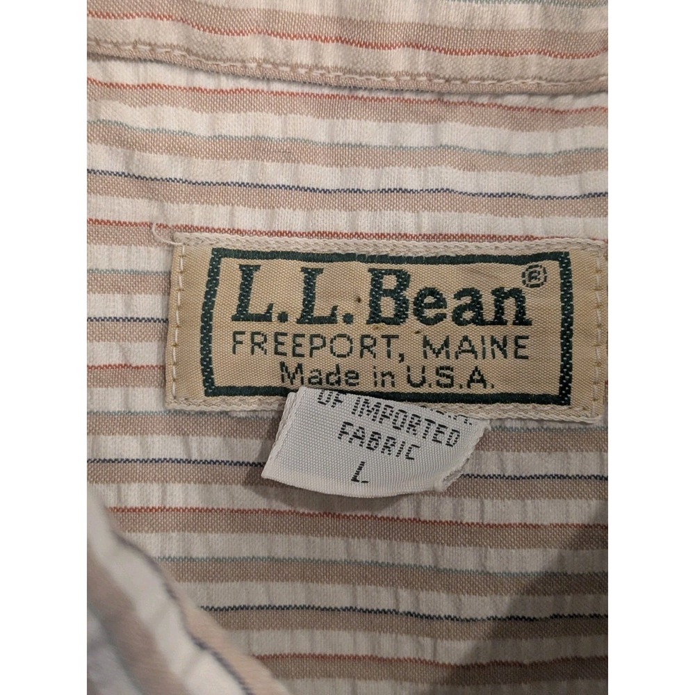 LL Bean Seersucker Shirt Mens L Tan Striped Short Sleeve Button Up Vintage USA - Picture 2 of 16